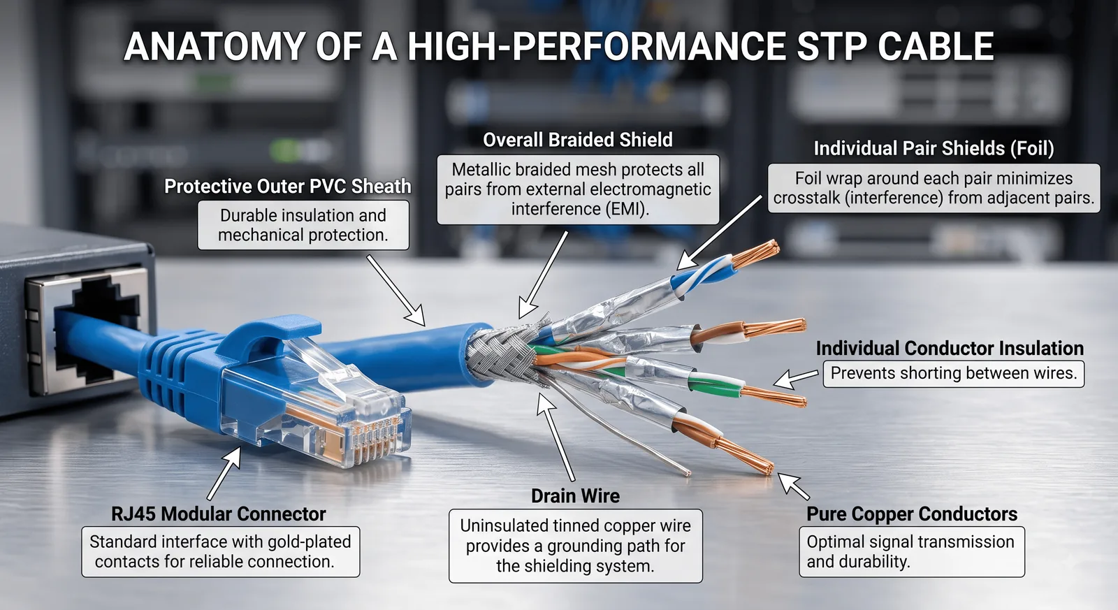Annotated diagram of a shielded twisted-pair Ethernet cable