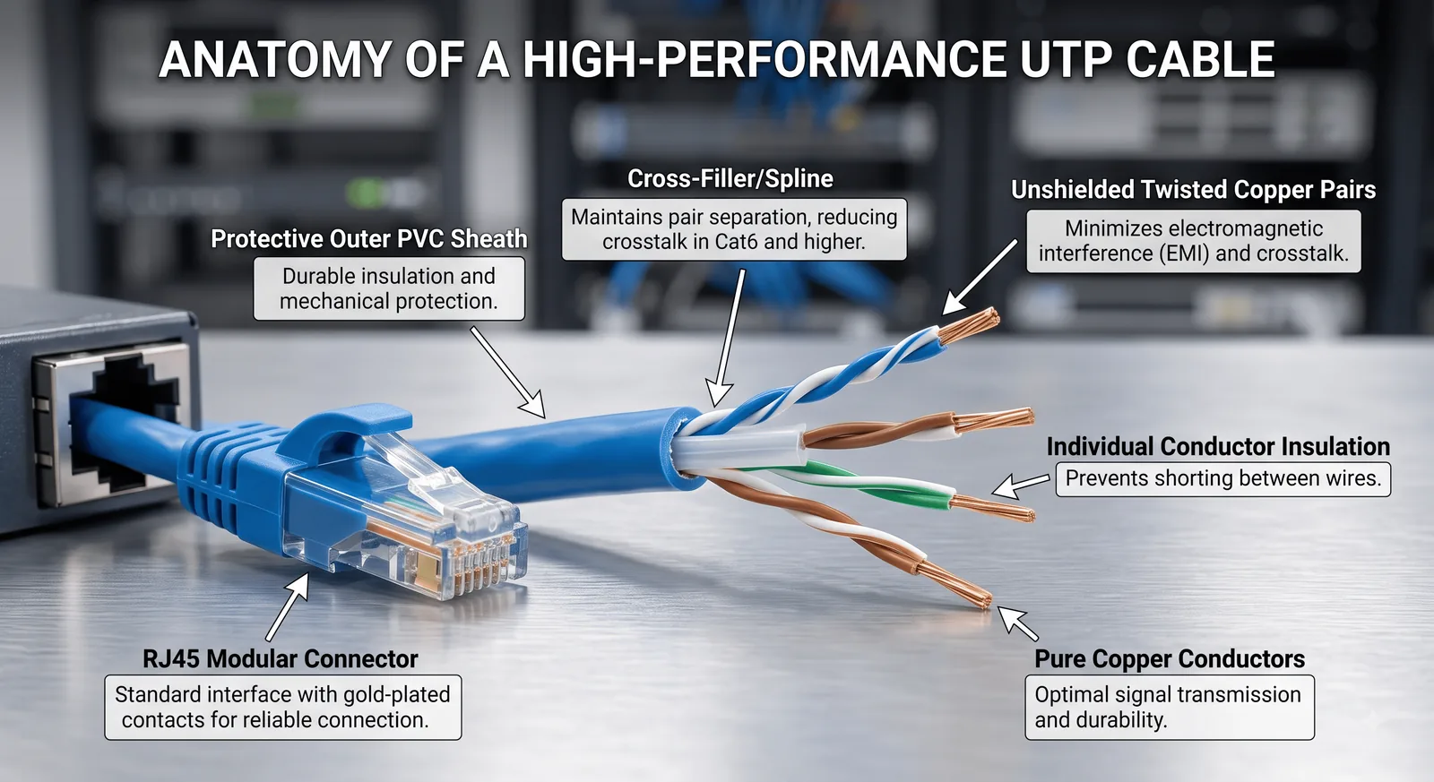 Annotated diagram of an unshielded twisted-pair Ethernet cable