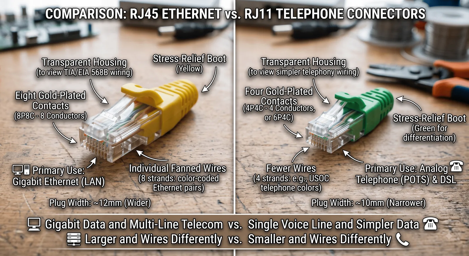 RJ11 and RJ45 connectors compared side by side