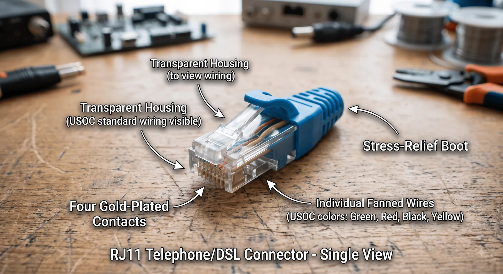 Labelled RJ11 telephone connector and cable