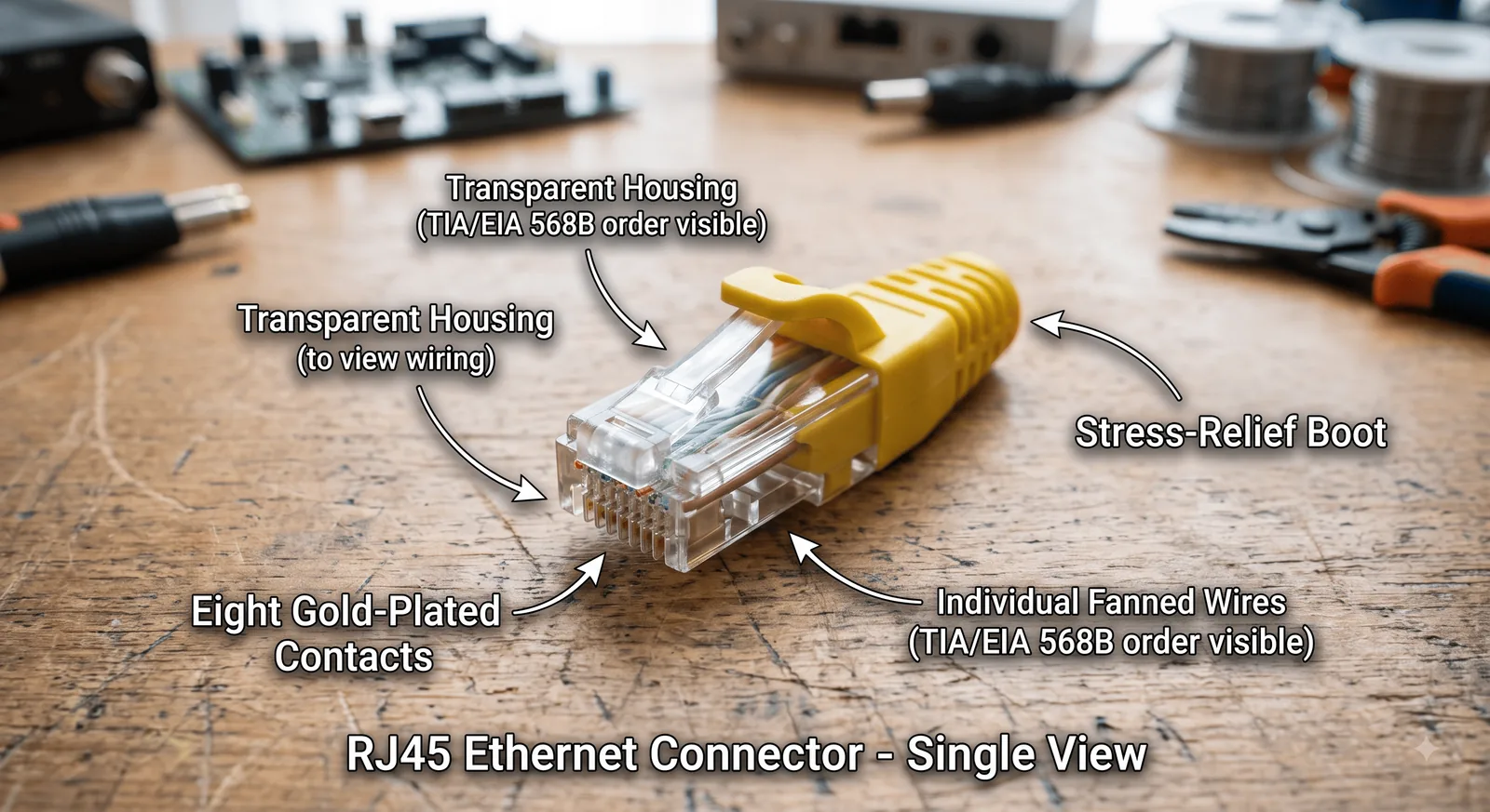 Labelled RJ45 Ethernet connector showing eight contacts